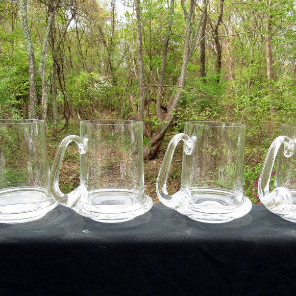 Vintage Set of 4 MCM Glass Beer Mugs | Unique Applied Handle Barware - Picture 2 of 5